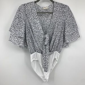 Altard State womens small bodysuit polka dot ruffled sleeves bow tie deep Vneck